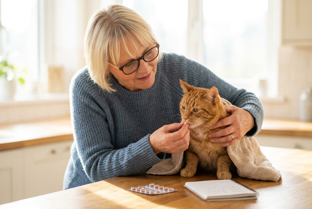 Gently giving an elderly cat its oral medication on a sunlit kitchen counter